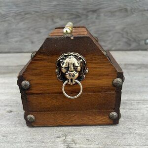 Wooden Coasters with Metal Lion Heads & Holder Set of 8 , Vintage MCM Barware